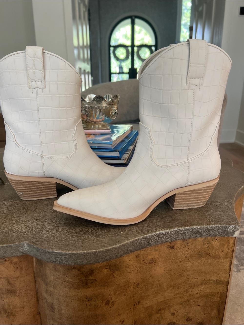 ShuShop White Croc-Embossed Western Ankle Boots